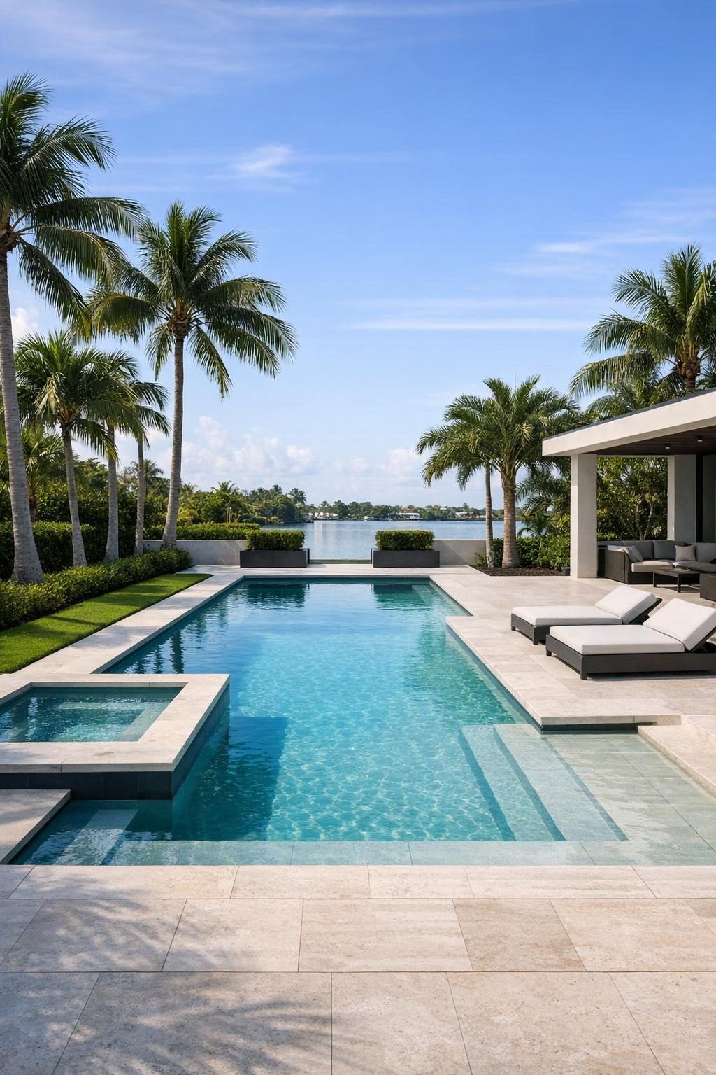 a completed pool with palm trees